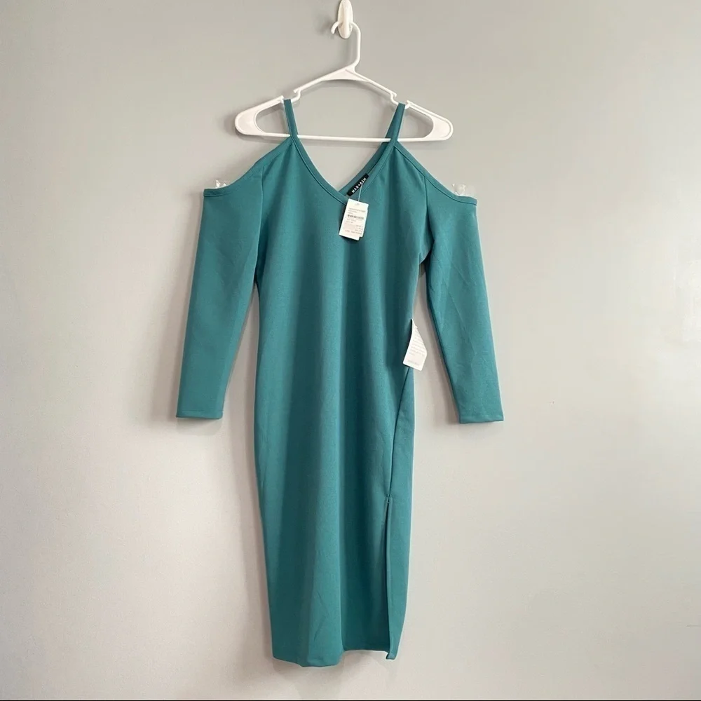 Max+Ash Cold Shoulder Long sleeves Sheath Dress with Slit In Emerald Green Sz M